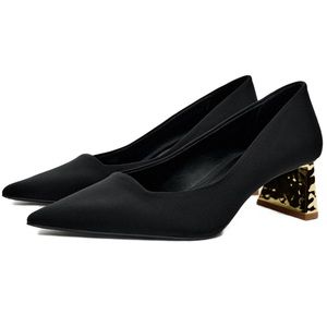 Zara Black Satin Heels With Metallic Gold Block Heel